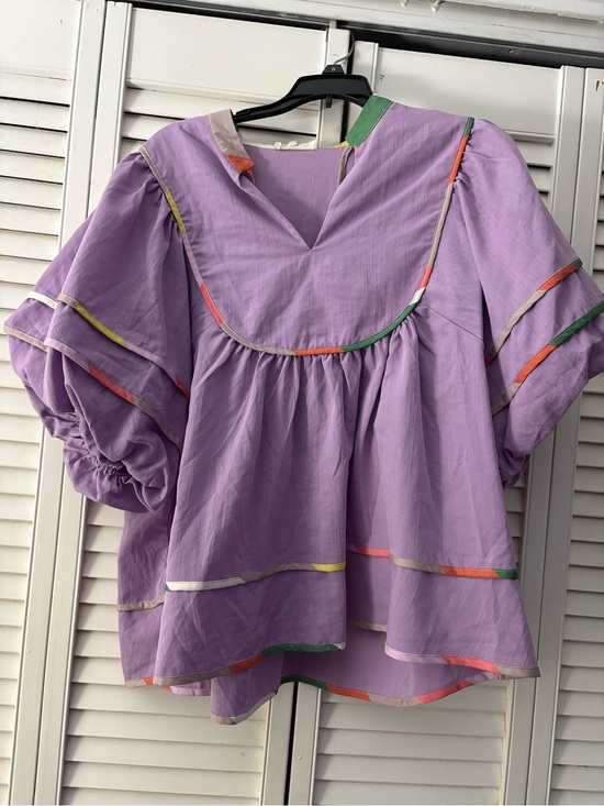 entro Tops - entro Lavender Puff-Sleeve Peasant Blouse with Multicolor Trim